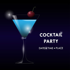 Cocktail Party invitation. Flyer or poster design with cocktail glass with cherry on blue background. Vector illustration
