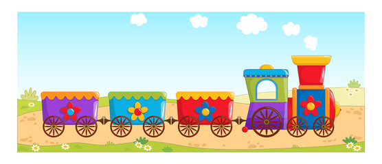 Toy train on the background of a sunny countryside landscape cartoon vector illustration.