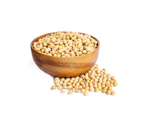 Soybean seeds in wooden bowl isolated on white background.