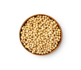 Top view of soybean seeds in wooden bowl isolated on white background