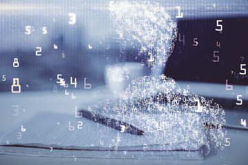 Double exposure of tech drawing and desk with open notebook background. Concept of technology
