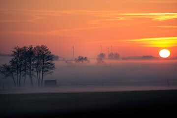 sunset fog landscape