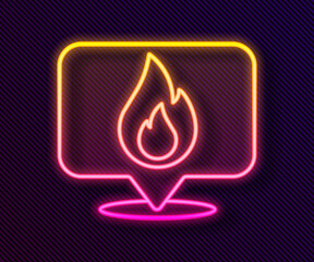 Glowing neon line Map pointer with fire flame icon isolated on black background. Fire nearby. Vector