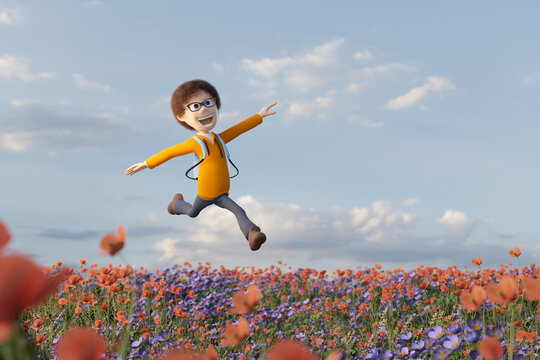 Joyful and happy school kid running on flower meadow in summer. Summer holiday consept. 3D rendering.