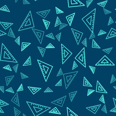 Green line Triangular ruler icon isolated seamless pattern on blue background. Straightedge symbol. Geometric symbol. Vector