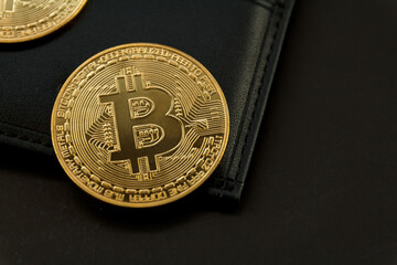 bitcoin is place on the wallet, cryptocurrency trading technology concept.