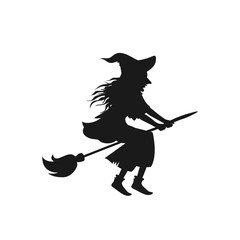 Witch solhouette flying on a broomstick isolated on white background. Halloween character. Vector stock