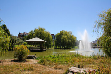 Roundabout and small lake with fountain in the Yamaguchi Park of Pamplona on a sunny day