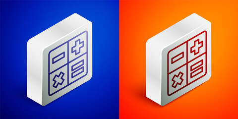 Isometric line Calculator icon isolated on blue and orange background. Accounting symbol. Business calculations mathematics education and finance. Silver square button. Vector