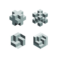 Square Cube Logo collection set bundle- block element perspective geometric abstract design vector line art geometry shape grid mosaic