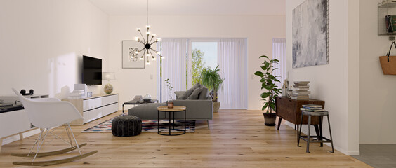 modern luxury european apartment loft with scandinavian furniture design - obrazy, fototapety, plakaty