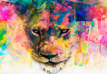 lioness head with creative colorful abstract elements on dark background