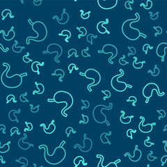 Green line Human stomach icon isolated seamless pattern on blue background. Vector
