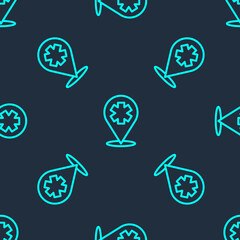 Green line Medical map pointer with cross hospital icon isolated seamless pattern on blue background. Vector