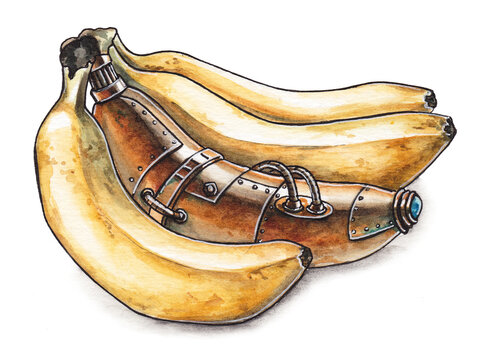 Watercolor drawing steampunk yellow bananas on a white background