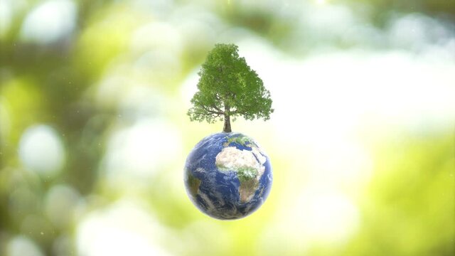 Blue globe ball and growing tree on blurred green sunny background. The Environment Eco green Earth Day Concept. Saving environment, protect clean planet and ecology, sustainable lifestyle. 3D Render.