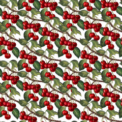 Cherry fruit sweet and sour cherry ripe Cherries with foliage leaves digital hand painting seamless pattern