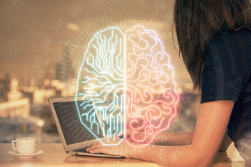 Multi exposure of woman hands working on computer and human brain hologram drawing. Ai tech concept.