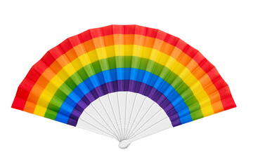 Rainbow folding hand fan isolated on white background. Clipping path.