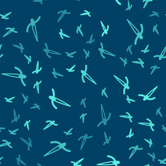 Green line Needle for sewing with thread icon isolated seamless pattern on blue background. Tailor symbol. Textile sew up craft sign. Embroidery tool. Vector