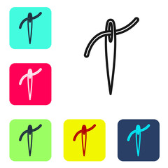 Black line Needle for sewing with thread icon isolated on white background. Tailor symbol. Textile sew up craft sign. Embroidery tool. Set icons in color square buttons. Vector