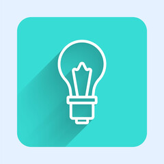White line Light bulb with concept of idea icon isolated with long shadow. Energy and idea symbol. Inspiration concept. Green square button. Vector