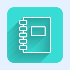 White line Notebook icon isolated with long shadow. Spiral notepad icon. School notebook. Writing pad. Diary for school. Green square button. Vector