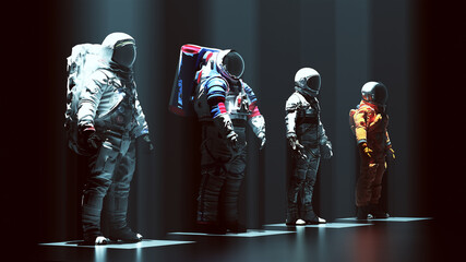 Astronauts Lined Up with Black Visor with Top Down Lighting 3d illustration