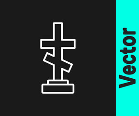 White line Grave with cross icon isolated on black background. Vector