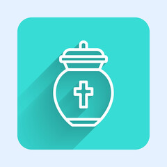 Obraz premium White line Funeral urn icon isolated with long shadow. Cremation and burial containers, columbarium vases, jars and pots with ashes. Green square button. Vector