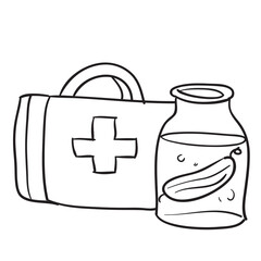 sketch, jar of cucumbers stands next to the first aid kit, coloring book, cartoon illustration, isolated object on a white background, vector,