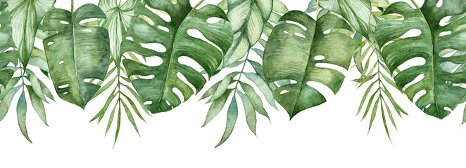 Long seamless banner with hand painted watercolor tropical leaves