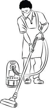 recommend clip art: Vector cartoon style illustration of cleaning servicewomen cleaning floor and vacuuming using a vacuum cleaner. Doodle style line art drawing. 