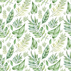 Naklejka na ściany i meble Seamless wallpapers. Pattern with watercolor tropical leaves