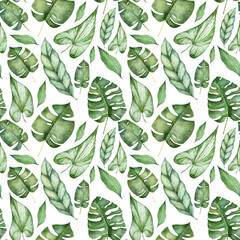 Seamless wallpapers. Pattern with watercolor tropical leaves