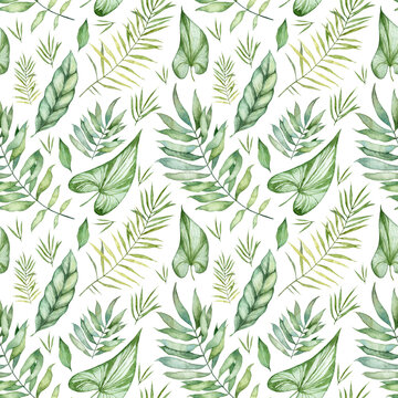 Seamless wallpapers. Pattern with watercolor tropical leaves
