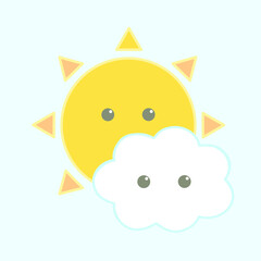 The cute Sun and bright cloud  cartoon character vector isolated on light blue background