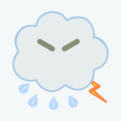 The cute dark cloud, thunder, and rain cartoon character vector isolated on light grey background
