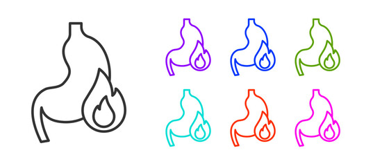 Black line Stomach heartburn icon isolated on white background. Stomach burn. Gastritis and acid reflux, indigestion and stomach pain problems. Set icons colorful. Vector