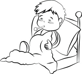 A sick child having fever lying on a bed doodle style line art drawing 