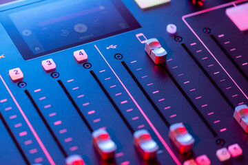 Professional podcast mixing console with faders and adjusting buttons, Audio sound mixer console....