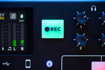 Professional podcast mixing console with faders and adjusting buttons, Audio sound mixer console....