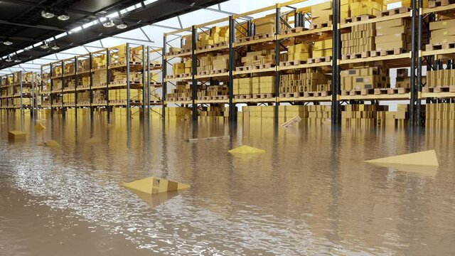 Flooded Warehouse With Cardboard Boxes Floating On Water
