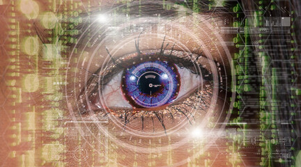 Closeup women eye with futuristic digital technology over the number digic background,  screen over the eye vision background,security and command in the accesses. surveillance and sefety concept