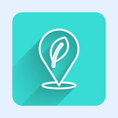 White line Location with leaf icon isolated with long shadow. Eco energy concept. Alternative energy concept. Green square button. Vector