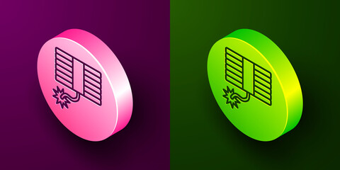 Isometric line Firework icon isolated on purple and green background. Concept of fun party. Explosive pyrotechnic symbol. Circle button. Vector