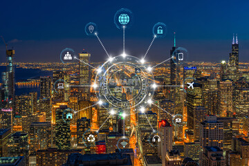 Technology connection line of Smart City over Chicago cityscape river side at the twilight time, network connection with wireless technology, centralized management and global communications concept