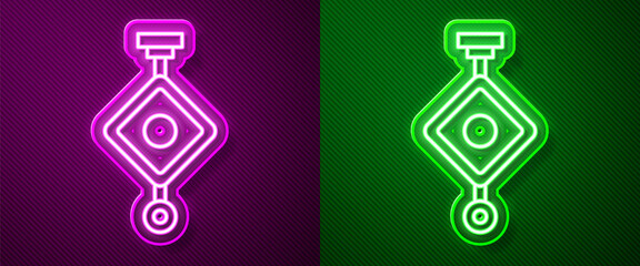 Glowing neon line Chinese paper lantern icon isolated on purple and green background. Vector