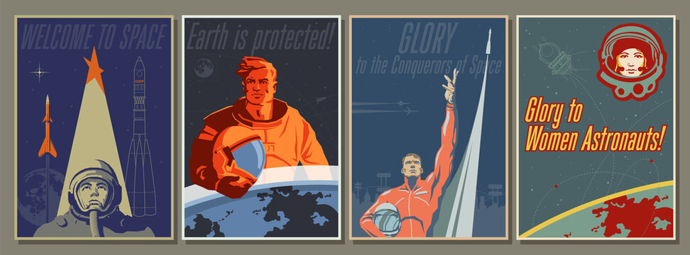 Welcome to Space Illustration Set, Retro Space Propaganda Posters Stylization, Astronauts and Spacecraft 