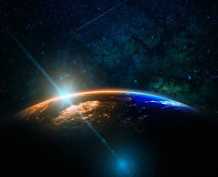 Part of earth with sun rise and lens flare over the Milky Way background, Internet Network concept, Elements of this image furnished by NASA
